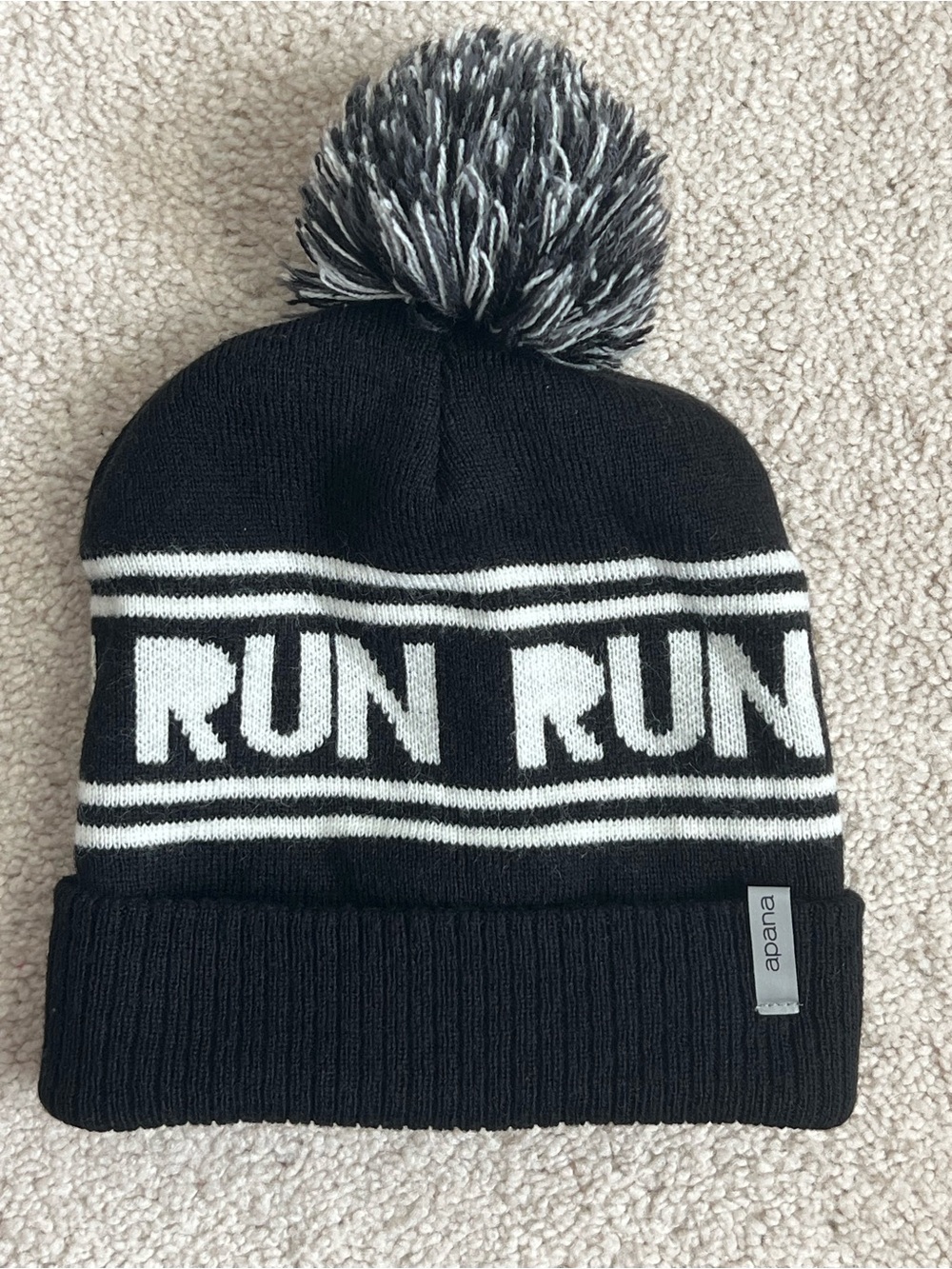 Apana Black & White RUN Pom Pom Knit Beanie Winter Hat